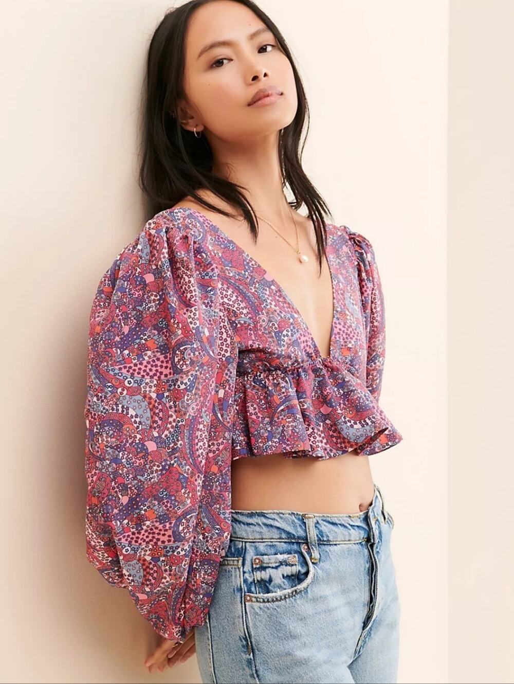 For Love And Lemons Tonya Pink & Purple Puff-Sleeve V-Neck Crop Top